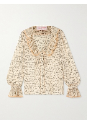 Valentino Garavani - Lace-trimmed Ruffled Polka-dot Silk-chiffon Blouse - Cream - IT36,IT38,IT40,IT42,IT44,IT46,IT48