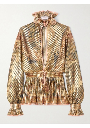 Valentino Garavani - Satin-trimmed Cutout Ruffled Metallic Printed Silk-blend Chiffon Blouse - Neutrals - IT36,IT38,IT40,IT42,IT44,IT48