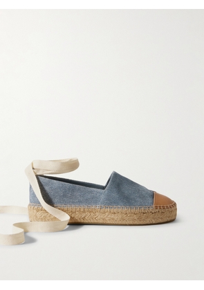 Tory Burch - Lace-up Embellished Leather-trimmed Printed Suede Platform Espadrilles - Blue - US5,US6,US7,US7.5,US8,US8.5,US9,US9.5,US10,US11