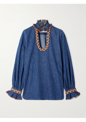 Valentino Garavani - Embroidered Ruffled Embellished Chambray Top - Blue - IT36,IT38,IT40,IT42,IT44,IT46,IT48