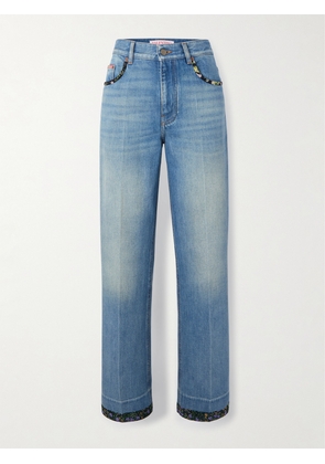 Valentino Garavani - Printed Chiffon-trimmed High-rise Straight-leg Jeans - Blue - 24,25,26,27,28,29,30,31,32