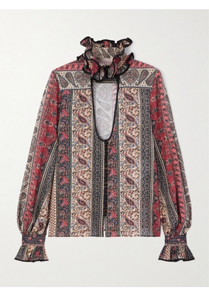 Valentino Garavani - Ruffled Cutout Satin-trimmed Metallic Printed Cotton-blend Blouse - Red - IT36,IT38,IT40,IT42,IT44,IT46,IT48