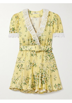 Rodarte - Belted Broderie Anglaise Cotton-trimmed Floral-print Silk-twill Mini Dress - Yellow - US0,US2,US4,US6,US8