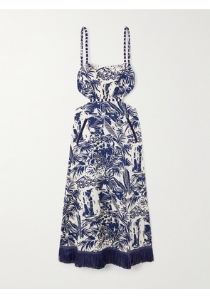 Johanna Ortiz - Harmony Fringed Embellished Printed Cotton-poplin Midi Dress - Blue - US0,US2,US4,US6,US8,US10,US12