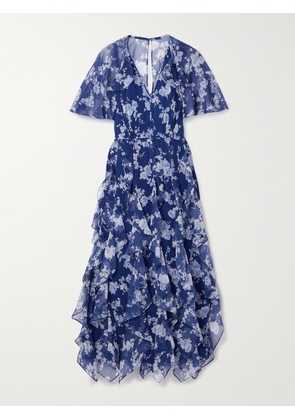 Carolina Herrera - Cape-effect Ruffled Floral-print Silk-crepon Midi Dress - Blue - US0,US2,US4,US6,US8,US10,US12