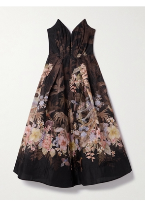 Zimmermann - Illuminate Strapless Floral-print Linen And Silk-blend Midi Dress - Black - 00,1,2,3,4
