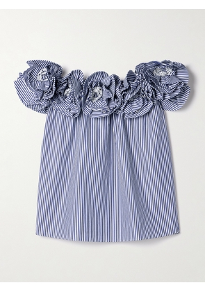 Carolina Herrera - Ruffled Off-the-shoulder Striped Cotton-poplin Top - Blue - US0,US2,US4,US6,US8,US10