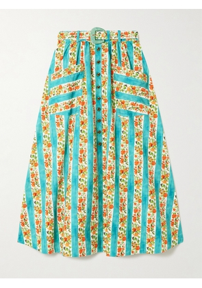 Saloni - Kirat Belted Striped Floral-print Cotton-poplin Midi Skirt - Blue - UK 4,UK 6,UK 8,UK 10,UK 12,UK 14,UK 16