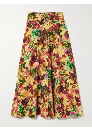 Saloni - Neesha Belted Floral-print Cotton Midi Skirt - Yellow - UK 4,UK 6,UK 8,UK 10,UK 12,UK 14,UK 16