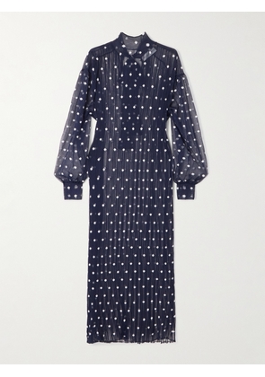 Marie Adam-Leenaerdt - Polka-dot Chiffon-trimmed Ribbed-knit Midi Dress - Blue - x small,small,medium,large