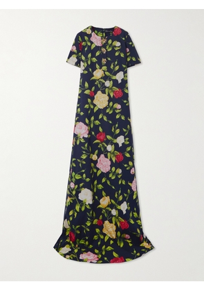 Oscar de la Renta - Button-embellished Floral-print Cotton-blend Poplin Gown - Blue - XS,S,M,L,XL