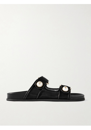 Jimmy Choo - Fayence Leather-trimmed Faux Pearl-embellished Mesh Slides - Black - IT36,IT37,IT38,IT39,IT40,IT41,IT42,IT43