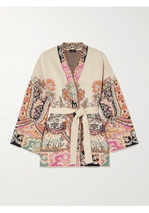 Etro - Belted Silk, Cotton And Linen-jacquard Cardigan - Cream - small,medium,large