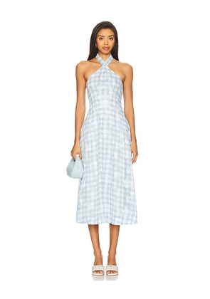 For Love & Lemons Claudette Gingham Midi Dress in Baby Blue. Size M. Also in S, XL, XS.
