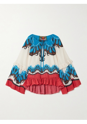 La DoubleJ - + Mother Boho Tie-detailed Printed Cotton Peplum Blouse - Blue - xx small,x small,small,medium,large,x large,xx large