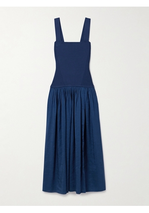 La Ligne - Stretch-knit And Gathered Linen-blend Midi Dress - Blue - xx small,x small,small,medium,large,x large