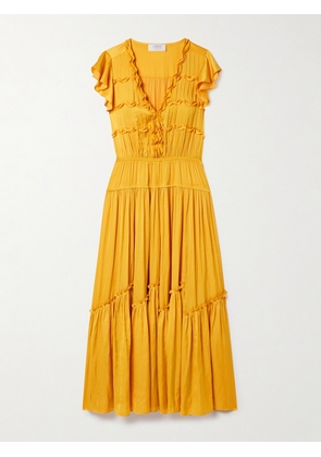 La Ligne - Pintucked Ruffled Satin Midi Dress - Yellow - xx small,x small,small,medium,large,x large