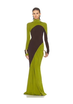 Helsa The Abstraction Color Blocked Jersey Dress in Green,Chocolate. Size M. Also in XS, XXS, S.