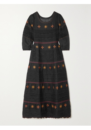 Vita Kin - Karina Pintucked Embroidered Linen Midi Dress - Black - x small,small,medium,large