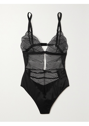 COCO DE MER - Athena Cutout Embroidered Tulle And Satin Bodysuit - Black - x small,small,medium,large,x large