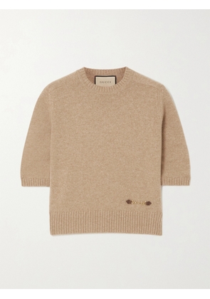 Gucci - Horsebit-detailed Leather-trimmed Cashmere Sweater - Brown - XXXS,XXS,XS,S,M,L,XL,XXL,XXXL