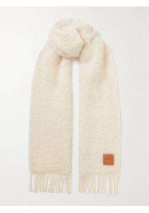 LOEWE - Leather-trimmed Fringed Mohair-blend Scarf - Ecru - One size