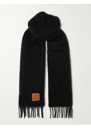 LOEWE - Fringed Leather-trimmed Mohair-blend Scarf - Black - One size