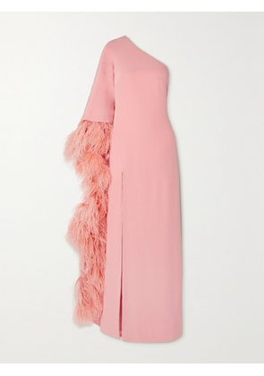 MONIQUE LHUILLIER - One-sleeve Feather-trimmed Silk-crepe Gown - Pink - US0,US2,US4,US6,US8,US10