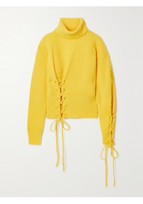 Moncler Genius - + 1 Jw Anderson Lace-up Ribbed Wool And Cashmere-blend Turtleneck Sweater - Yellow - x small,small,medium,large