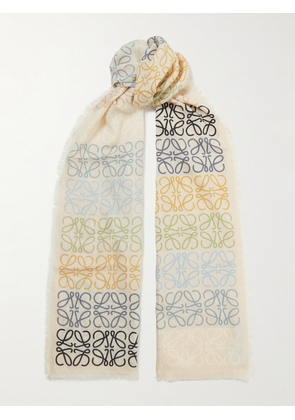 LOEWE - Fringed Printed Wool, Silk And Cashmere-blend Scarf - White - One size