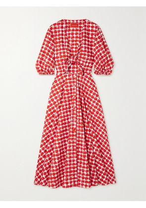 La DoubleJ - Peek-a-boo Belted Printed Cotton-poplin Midi Dress - Red - xx small,x small,small,medium,large,x large,xx large