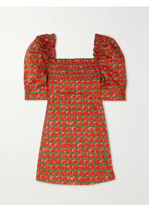 La DoubleJ - Ruffled Smocked Printed Cotton-blend Poplin Mini Dress - Red - xx small,x small,small,medium,large,x large,xx large