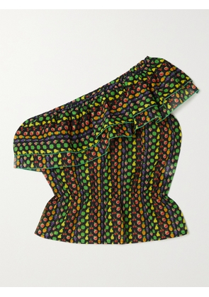 Loretta Caponi - Livia One-shoulder Ruffled Printed Cotton-voile Top - Black - x small,small,medium,large,x large