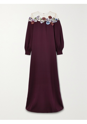 Oscar de la Renta - Appliquéd Tulle-trimmed Silk-blend Crepe Gown - Burgundy - x small,small,medium,large,x large