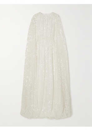 Erdem - Kenley Cape-effect Gathered Sequined Chiffon Gown - Ivory - UK 6,UK 8,UK 10,UK 12,UK 14,UK 16,UK 18,UK 20,UK 22