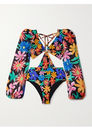 PATBO - Aster Crepe De Chine-paneled Cutout Floral-print Swimsuit - Black - x small,small,medium,large,x large