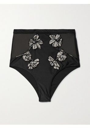 PATBO - Tulle-trimmed Bead-embellished Bikini Briefs - Black - x small,small,medium,large,x large
