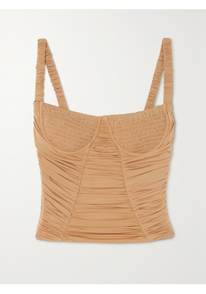 DION LEE - Doric Shirred Gathered Stretch-jersey Bustier Top - Brown - UK 4,UK 6,UK 8,UK 10,UK 12,UK 14