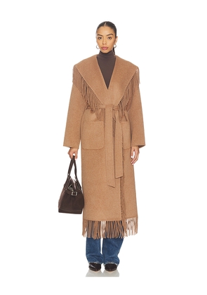 SIMKHAI Carrie Fringe Robe Coat in Taupe. Size L. Also in M.