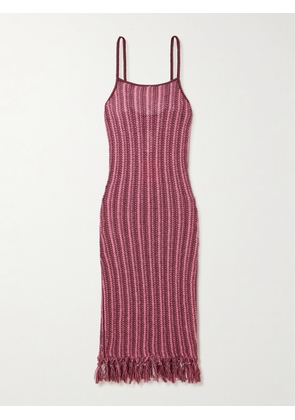The Elder Statesman - Fringed Striped Open-knit Cotton Midi Dress - Pink - x small,small,medium,large