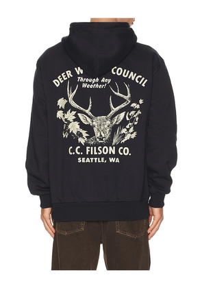 Filson Prospector Graphic Hoodie in Navy. Size L. Also in S, M, XL/1X.