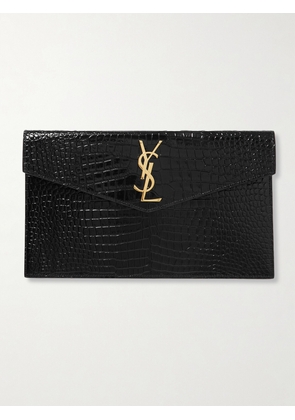 SAINT LAURENT - Uptown Croc-effect Patent-leather Pouch - Black - One size