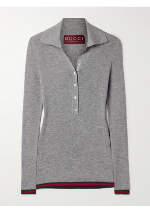 Gucci - Striped Ribbed Cashmere And Silk-blend Polo Shirt - Gray - XXXS,XXS,XS,S,M,L,XL,XXL,XXXL