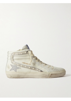 Golden Goose - Slide Embellished Distressed Glittered Leather And Suede High-top Sneakers - White - IT35,IT36,IT37,IT38,IT39,IT40,IT41,IT42