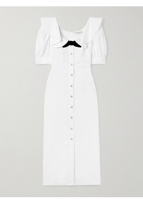 Alessandra Rich - Velvet-trimmed Ruffled Cotton-poplin Midi Dress - White - IT36,IT38,IT40,IT42,IT44,IT46