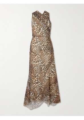 GANNI - Asymmetric Draped Leopard-print Stretch Recycled-mesh Midi Dress - Animal print - EU 32,EU 34,EU 36,EU 38,EU 40,EU 42,EU 44