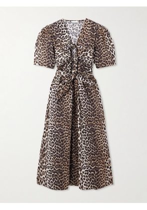GANNI - Belted Bow-embellished Leopard-print Cotton-poplin Midi Dress - Animal print - EU 32,EU 34,EU 36,EU 38,EU 40,EU 42,EU 44