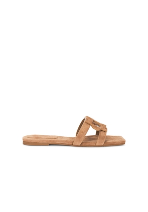 SIMKHAI Monogram Suede Flat Slide in Tan. Size 37. Also in 38, 39, 40.