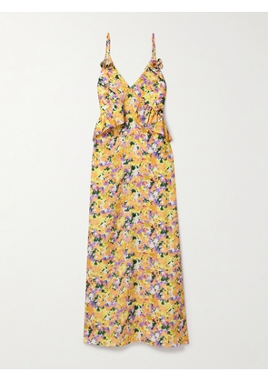 Kika Vargas - Bel Appliquéd Ruffled Floral-print Hammered-crepe Maxi Dress - Yellow - US0,US2,US4,US6,US8,US10,US12