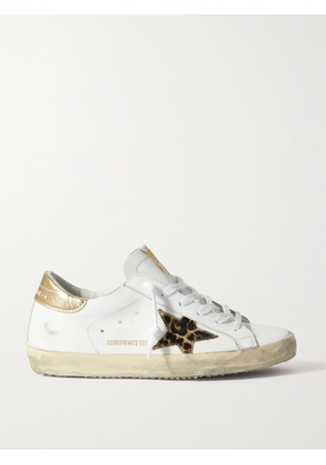 Golden Goose - Superstar Distressed Leopard-print Calf Hair-trimmed Leather Sneakers - White - IT35,IT36,IT37,IT38,IT39,IT40,IT41,IT42